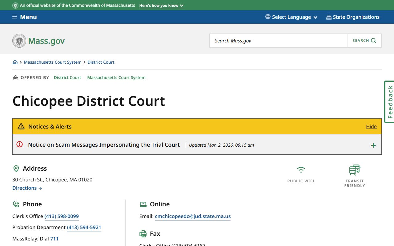 Chicopee District Court background check and case records page