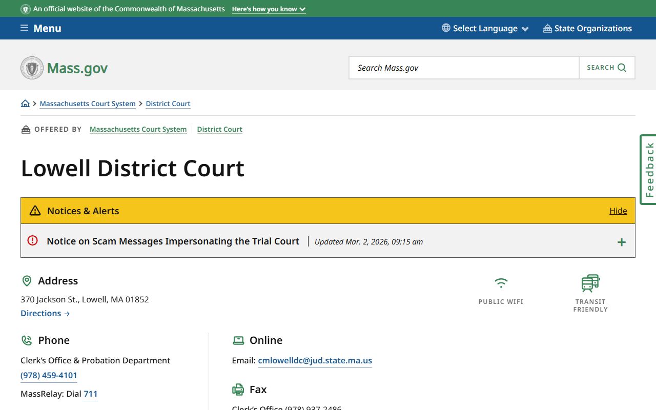 Lowell District Court location page for background check and court records