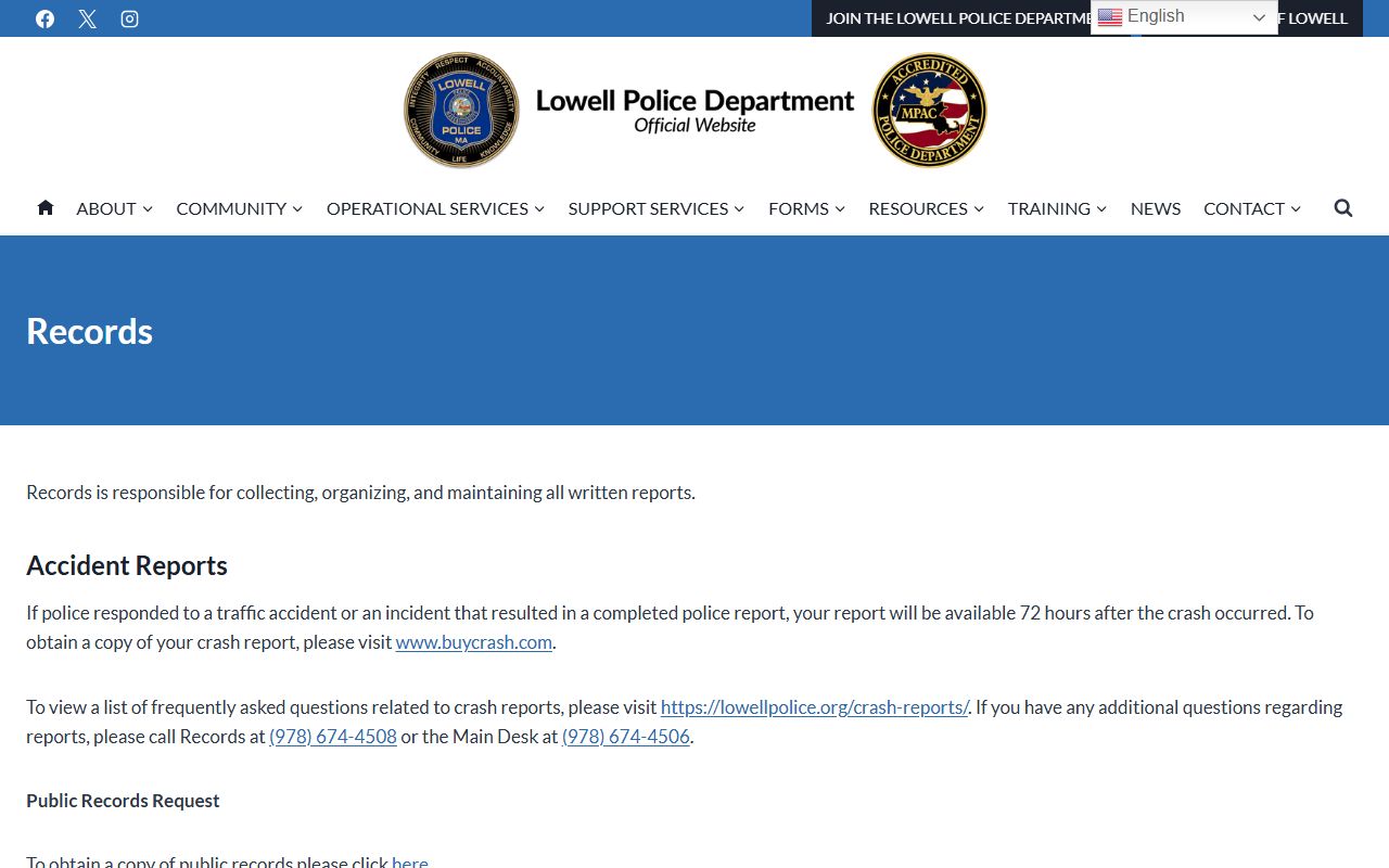 Lowell Police Records Division page for background check document requests