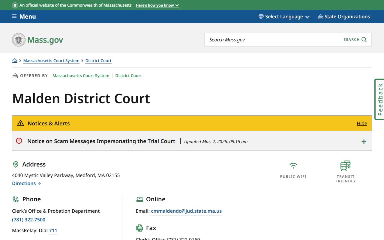 Malden District Court location page for court records and background check filings