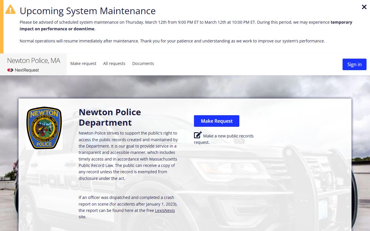 Newton Police Department NextRequest records portal for background check document requests in Newton MA