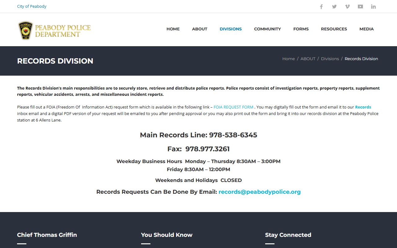 Peabody Police Department Records Division for background check requests