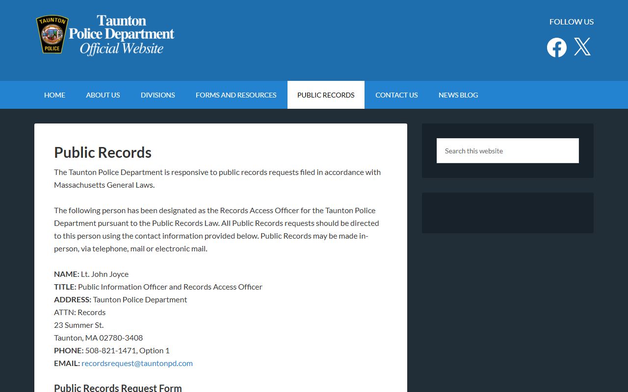 Taunton Police Department public records portal for background check submissions