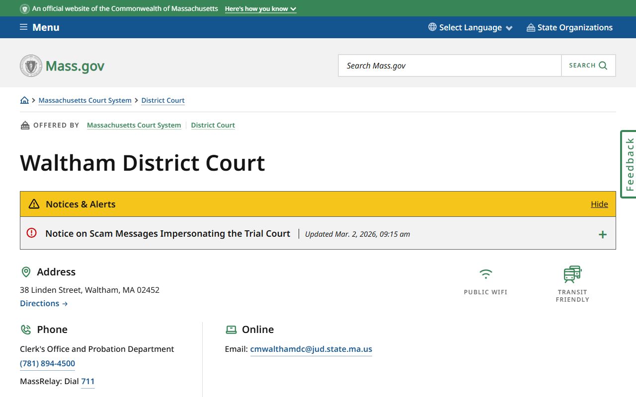 Waltham District Court location page for court records and background check filings