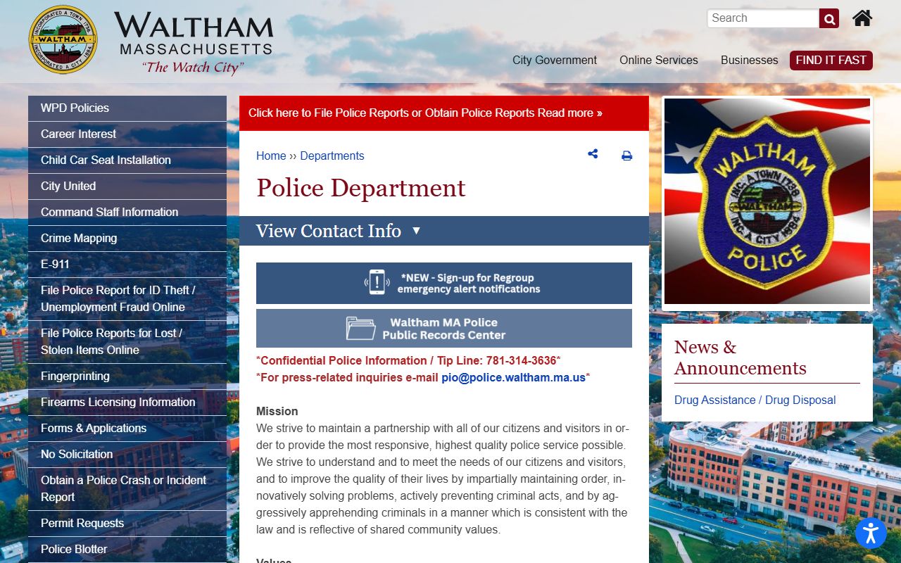 Waltham Police Department website for background check records and public requests