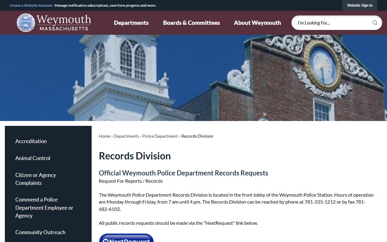 Weymouth Police Department Records Division for background check requests