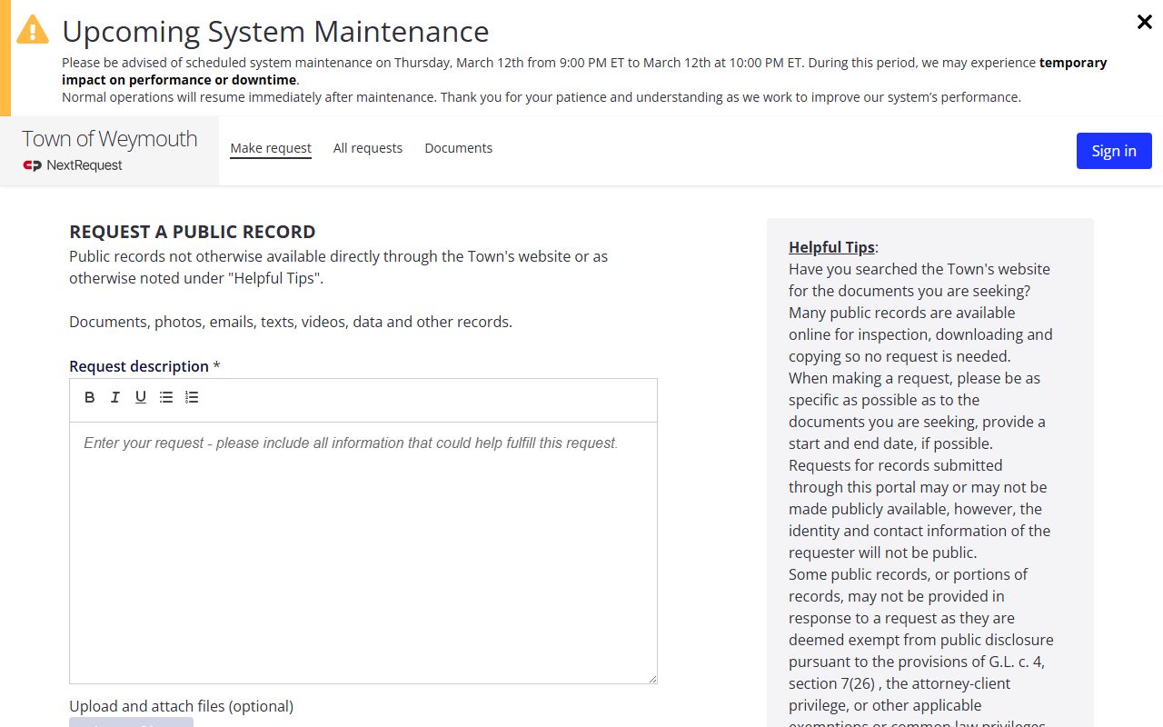 Weymouth NextRequest online records portal for background check submissions
