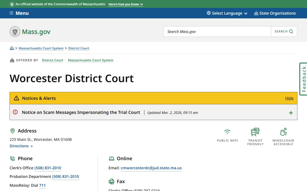 Worcester District Court background check and case records page