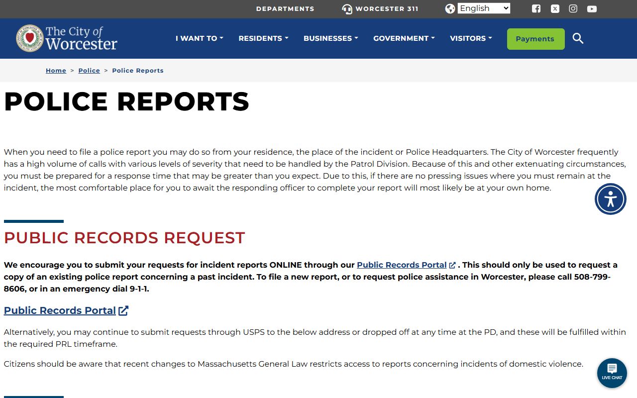 Worcester Police Department public records request portal for background check documents