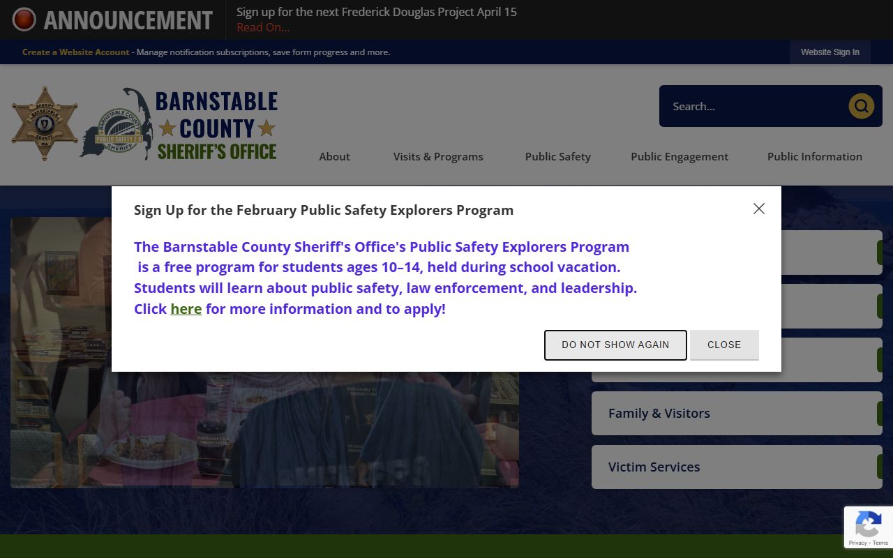 Barnstable County Sheriff Office website for background check records