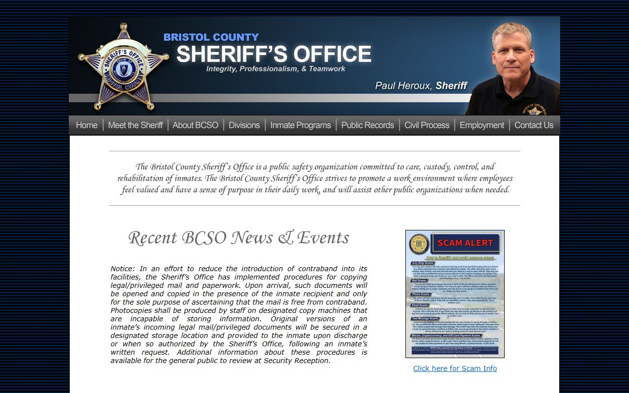 Bristol County Sheriff Office website for background check and inmate records