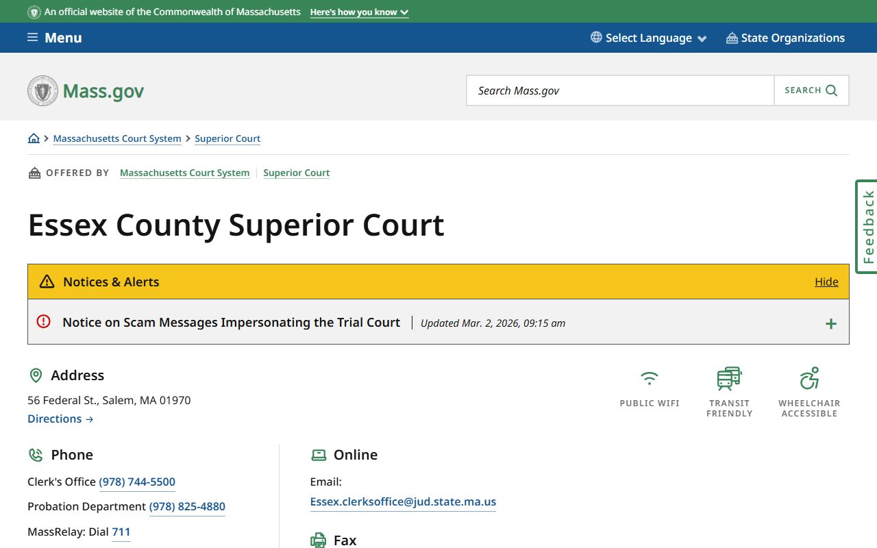 Essex County Superior Court location page for background check research