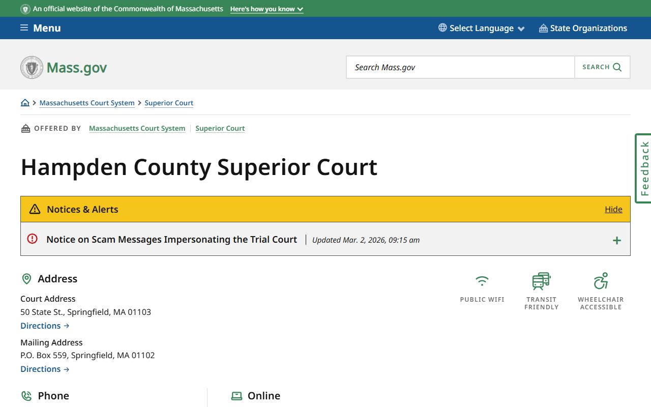 Hampden County Superior Court mass.gov page for court records and background check