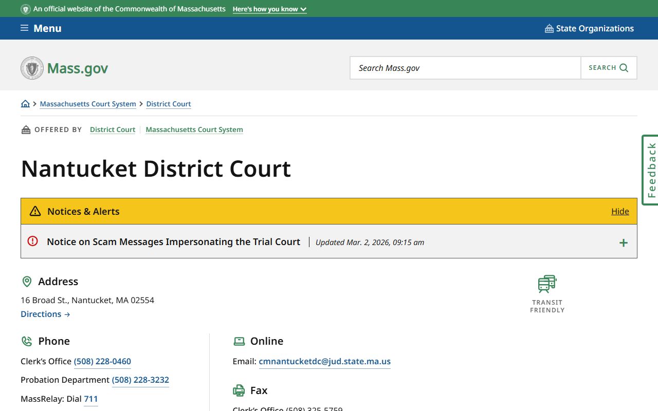 Nantucket District Court location page for background check and court records