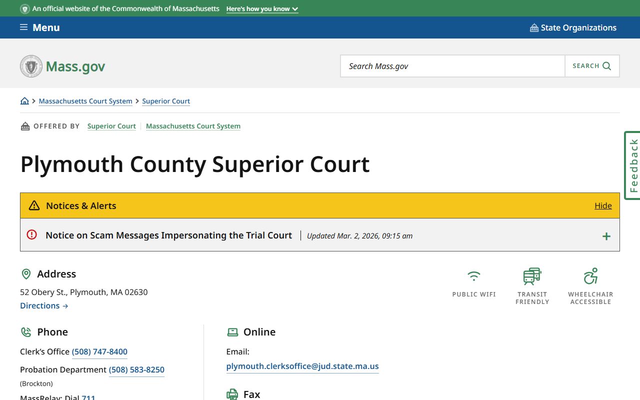 Plymouth County Superior Court mass.gov page for background check and court records