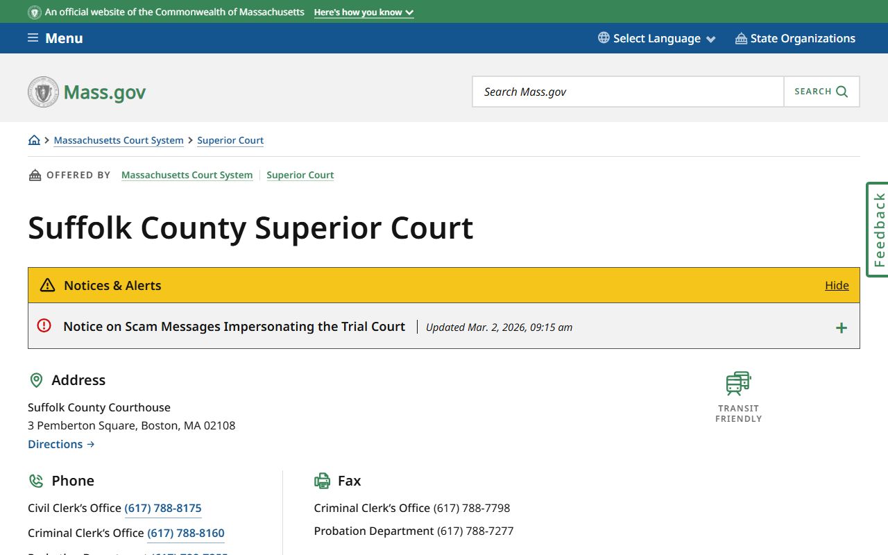 Suffolk County Superior Court location page for background check research