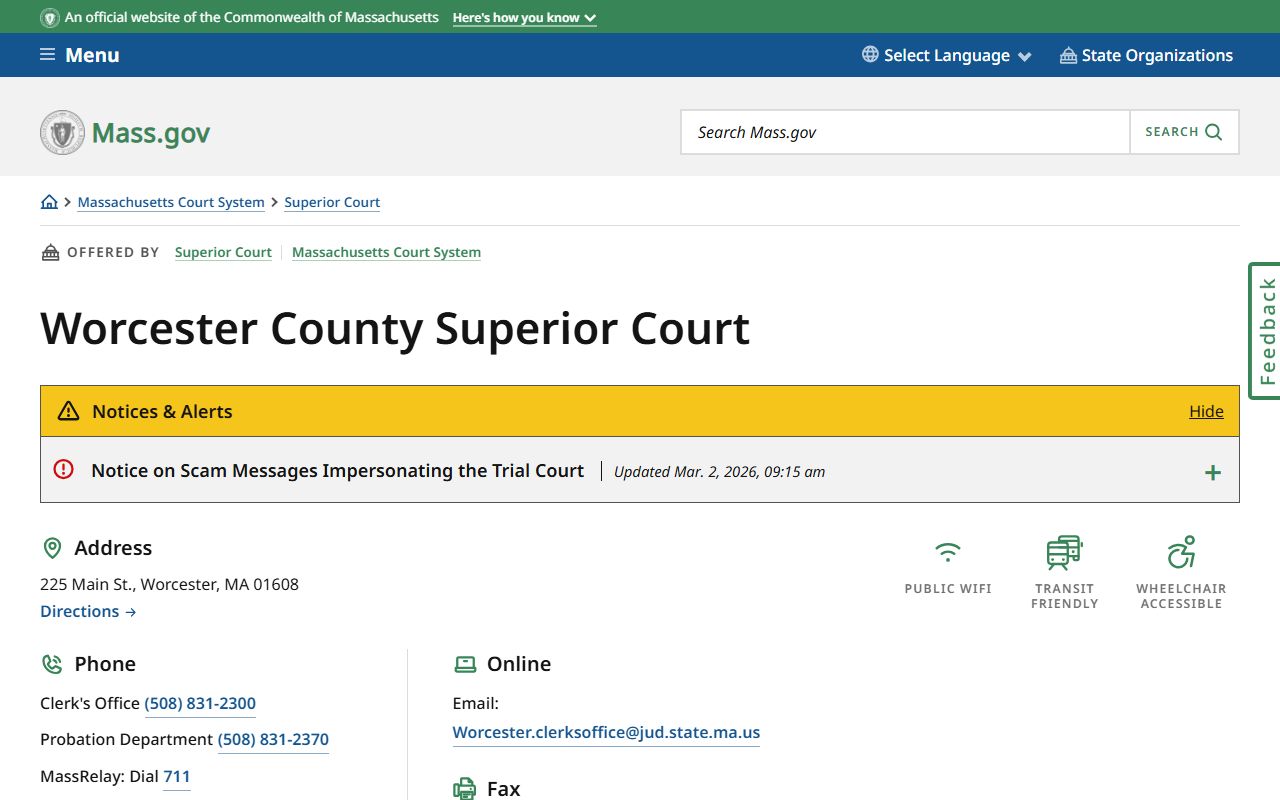 Worcester County Superior Court page for background check record access