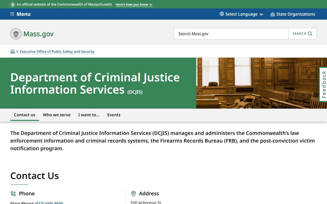 DCJIS homepage for Massachusetts background check records and CORI services