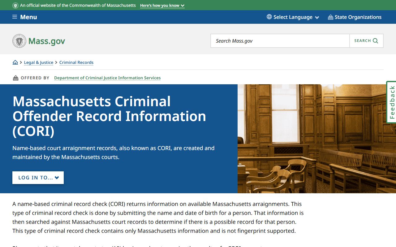 Massachusetts CORI main page covering the background check system and DCJIS resources