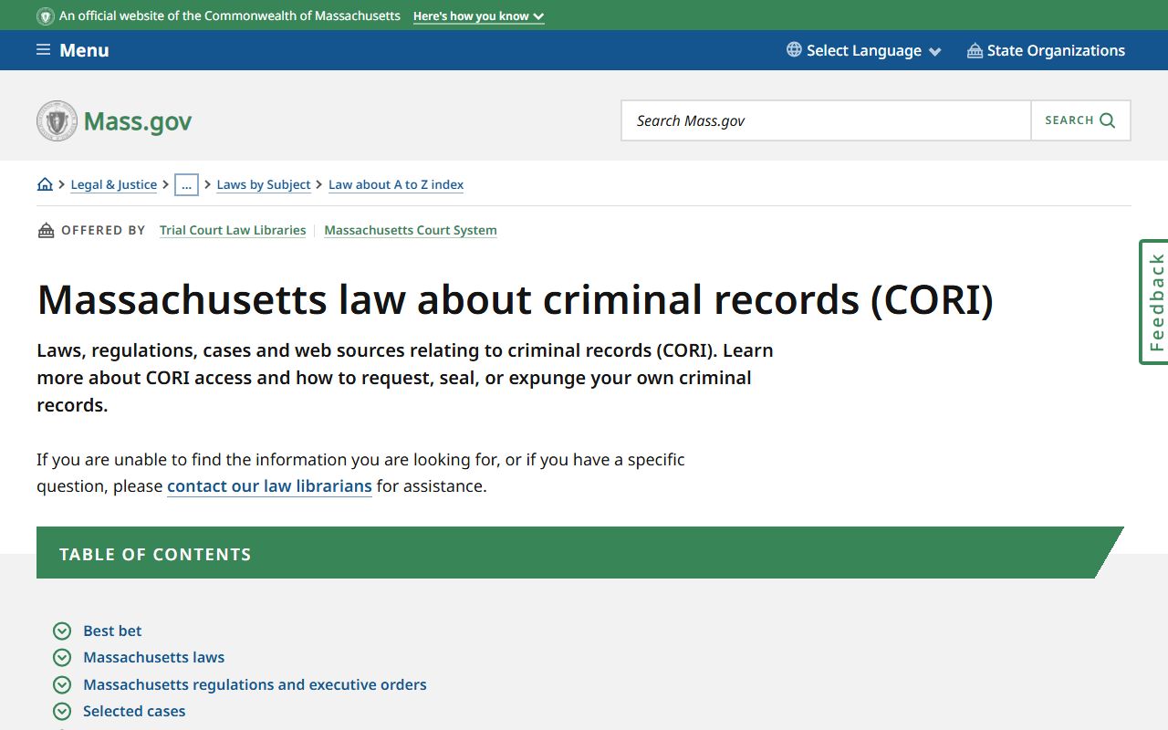 Massachusetts law about CORI background check records page covering key statutes