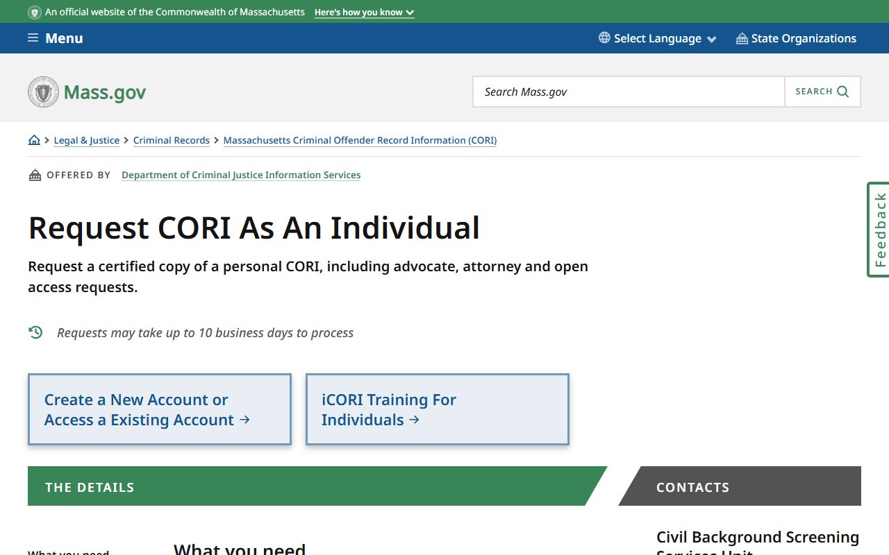 Massachusetts DCJIS page for requesting CORI as an individual background check