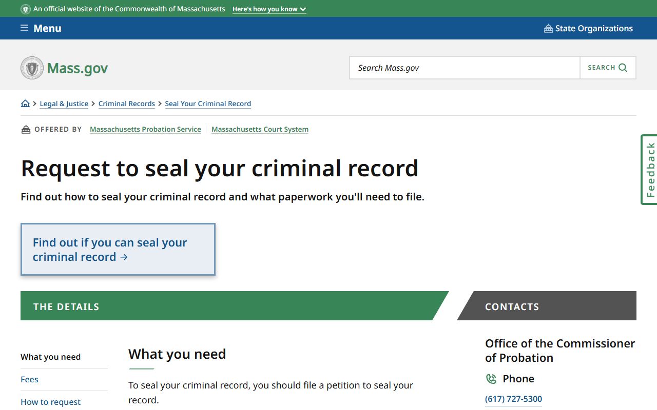 Massachusetts page for requesting to seal a criminal record from background checks