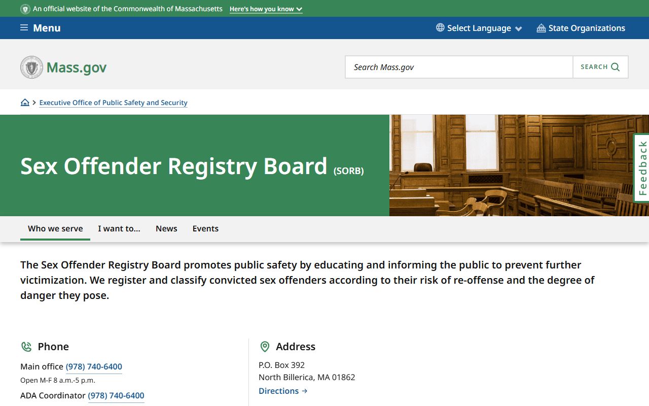 Massachusetts Sex Offender Registry Board website for searching registered offenders by name